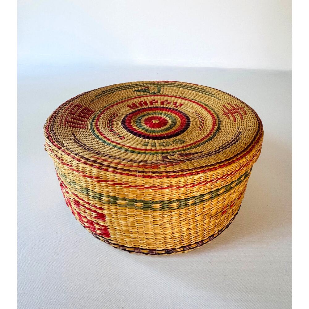 Vintage Handwoven Lidded Sweetgrass Basket with Colorful Geometric Design